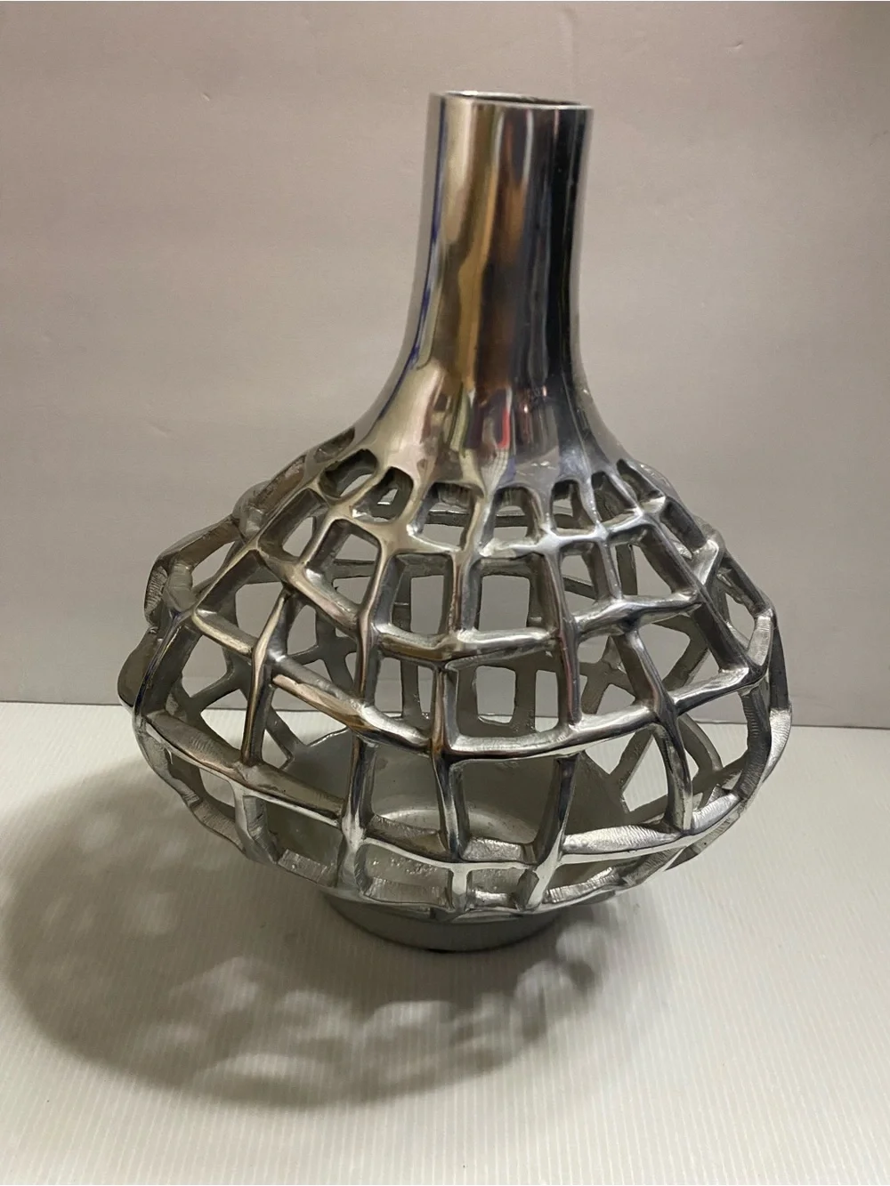 Decorative Silver Openwork Woven Metal Vase - Modern Art Deco Home Accent